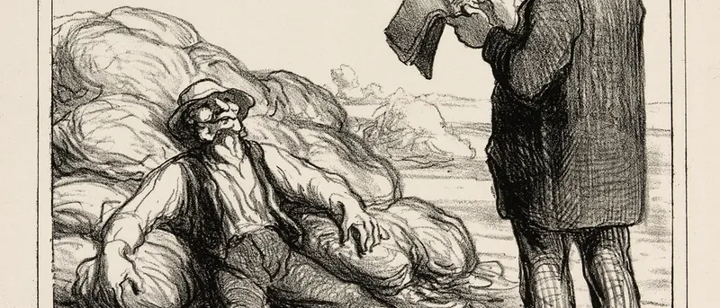 “- Well, are you finally finished?... after all it's tiring to relax for such a long time,” plate 1 from Les Artistes A La Campagne by Honoré-Victorin Daumier.