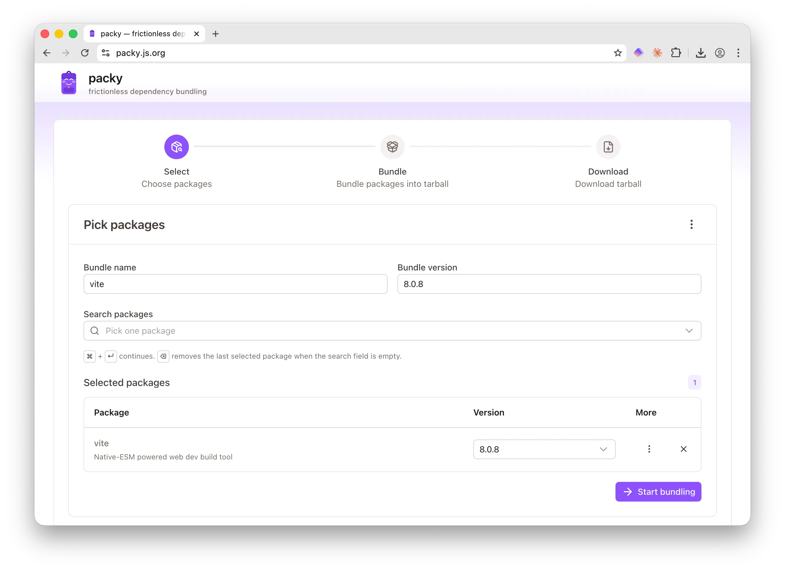 Screenshot of packy.js.org.