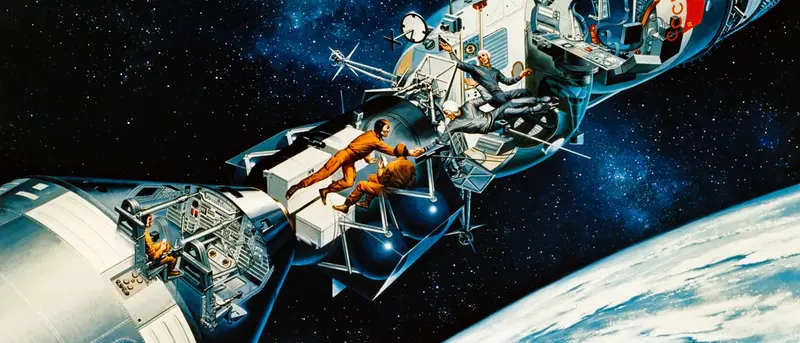 An artist's concept illustrating a cutaway view of the docked Apollo and Soyuz spacecraft in Earth orbit.
